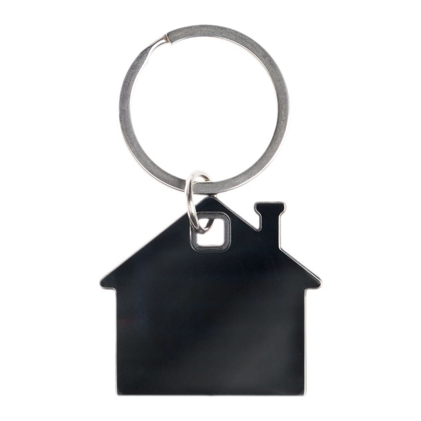 A stainless steel keytag shaped like a house, featuring a keyring attachment for easy carrying.