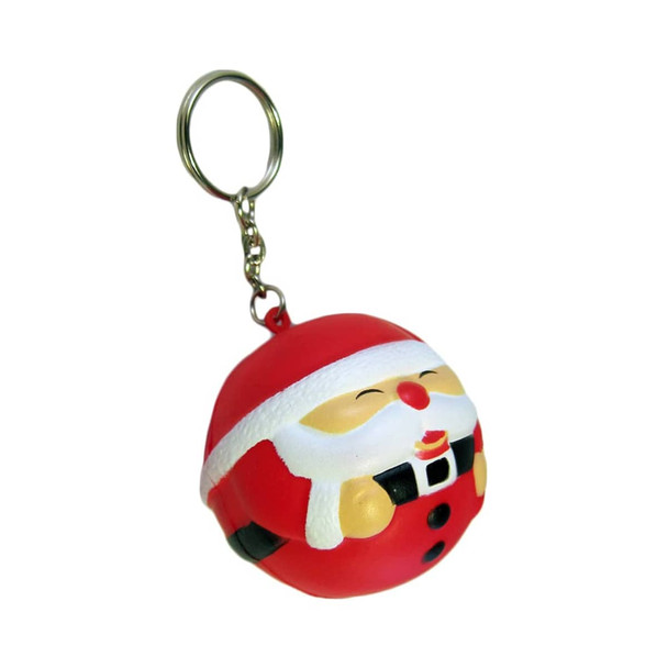 A red Santa stress reliever keyring with a smiling face, attached to a metal keychain.
