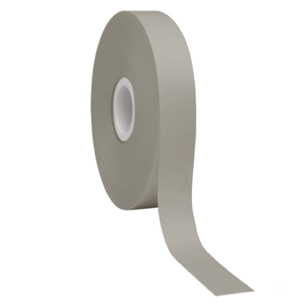 A roll of satin polyester ribbon in a light grey colour, featuring a central core and smooth finish.