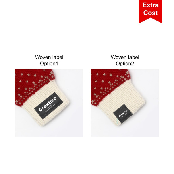 Two options of red and cream jacquard fingerless gloves with woven labels.
