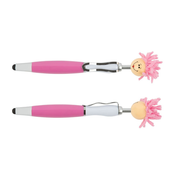 A pair of stylus pens featuring pink and white bodies, topped with playful, pink-haired characters. Each pen has a logo.