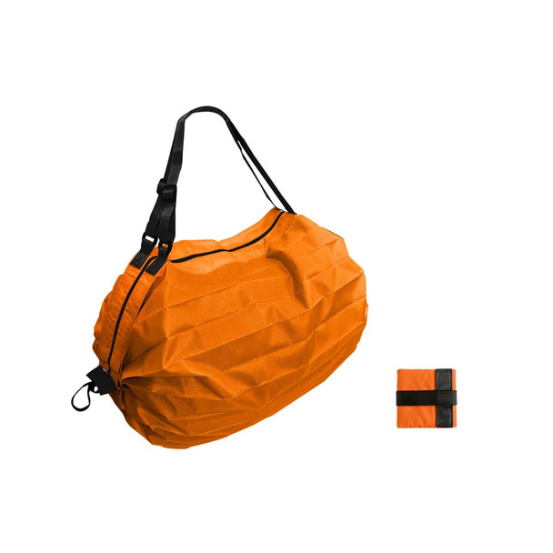 A foldable shopping shoulder bag in bright orange with a black strap, featuring a small compact version beside it.
