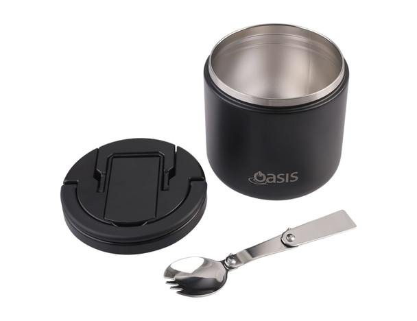 A vacuum food flask in matte black with a stainless steel interior and a metal spork included. It features a branding logo.