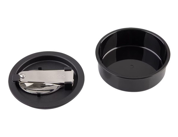 A black plastic container with a metal clasp lid, featuring an inner removable bowl.