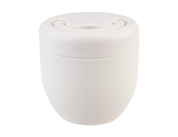 A drink bottle in a sleek, off-white design with a spill-proof lid and a smooth finish. It features a logo.