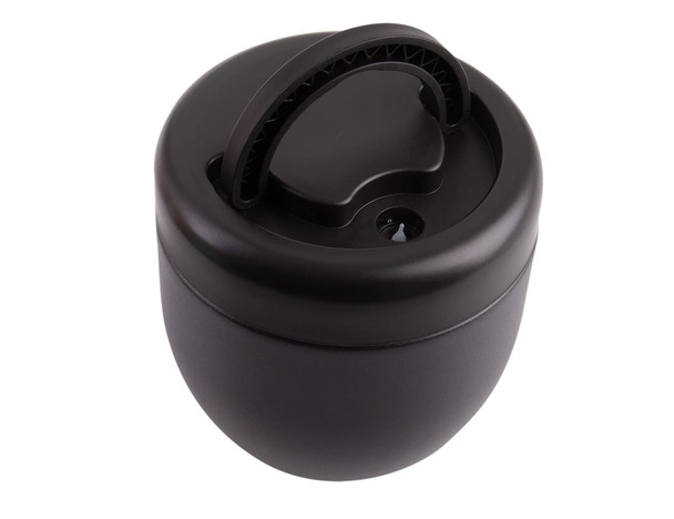 A vacuum food pod in matte black with a handle and a secure lid, featuring a logo.