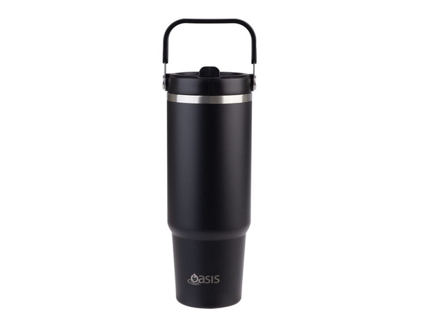A drink bottle designed as a 900ml vacuum carry tumbler in matte black with a handle and a silver band.