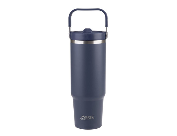 A drink bottle in navy blue with a stainless steel band and a handle, featuring a logo.