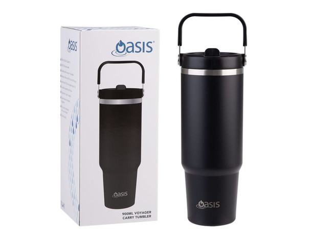 A drink bottle with a black matte finish, metal lid, and carrying handle, alongside its box featuring a logo.