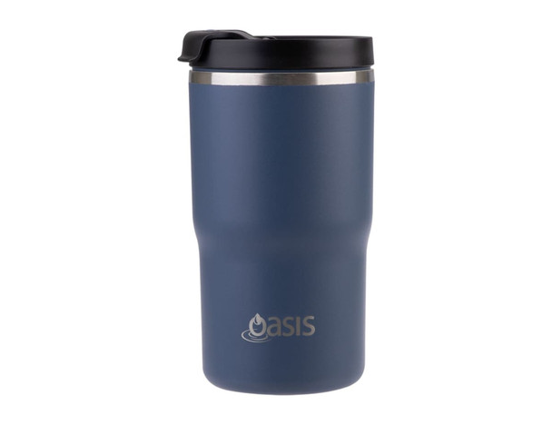 A drink bottle featuring a navy blue exterior and a black lid, with a logo on the front.