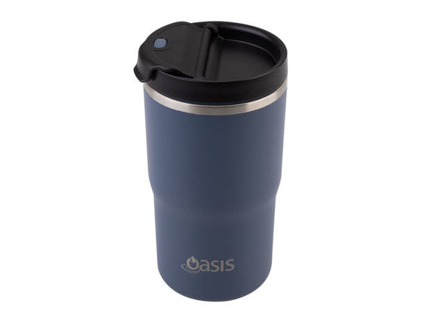 A drink bottle with a matte navy body, stainless steel rim, and a black lid featuring a logo.