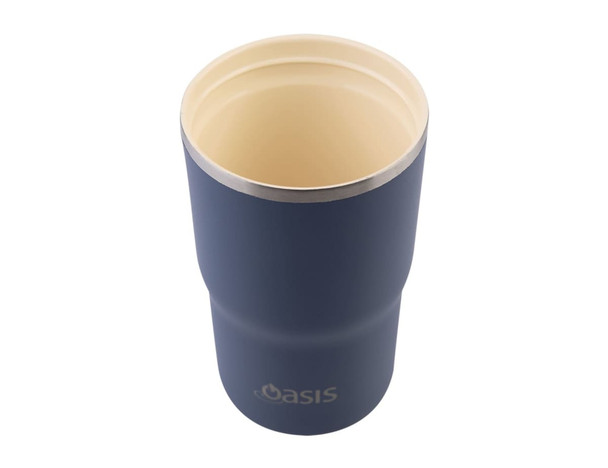 A drink bottle in navy blue with a stainless steel interior and an embossed logo.