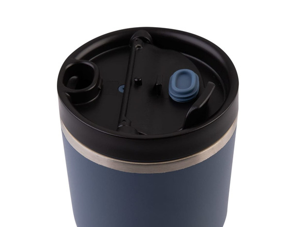 A drink bottle with a blue exterior, black lid, and a straw opening, featuring a logo on the surface.