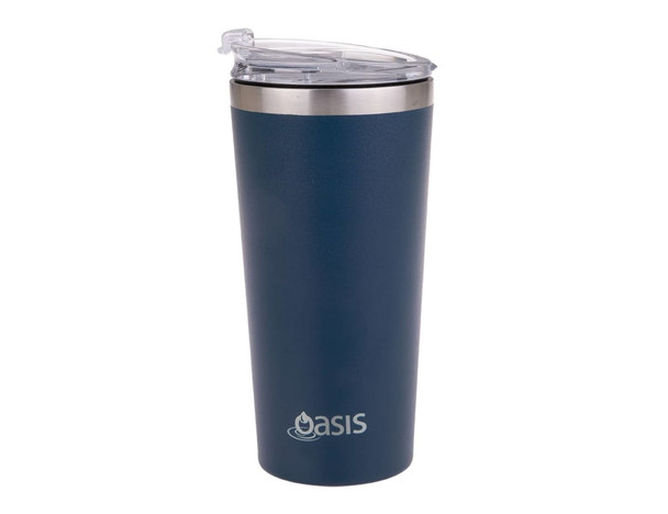 A drink bottle in navy blue with a stainless steel rim and a clear lid, featuring a logo. A drink bottle in navy blue with a stainless steel rim and a clear lid, featuring a logo.