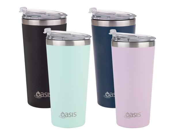 A drink bottle set featuring the Oasis 480ml Vacuum Travel Mug in black, mint, navy, and pink colours. Each has a lid and logo. A drink bottle set featuring the Oasis 480ml Vacuum Travel Mug in black, mint, navy, and pink colours. Each has a lid and logo.