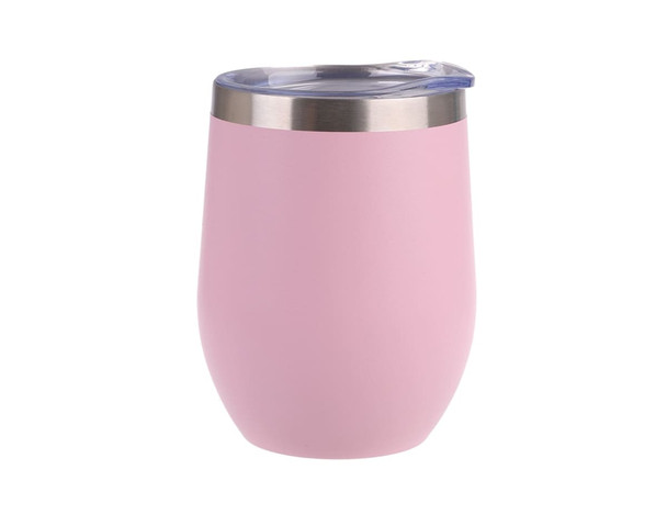 A drink bottle in a soft pink colour with a stainless steel rim and a clear lid. It has a logo on the side. A drink bottle in a soft pink colour with a stainless steel rim and a clear lid. It has a logo on the side.