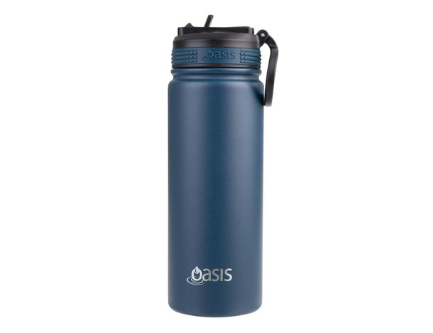 A drink bottle in navy blue with a spout lid and a carry handle, featuring a logo.