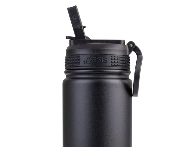 A drink bottle in matte black with a spout and a carrying handle; features a logo on the side.