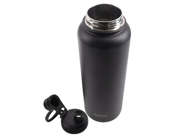 A drink bottle in matte black with a stainless steel opening and a separate screw cap lid featuring a spout.