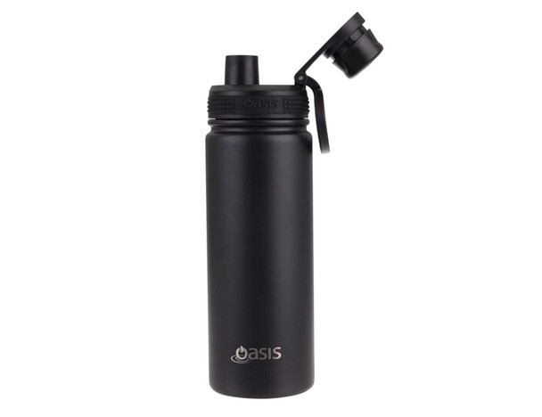 A drink bottle in matte black with a screw cap and a removable lid featuring a logo.