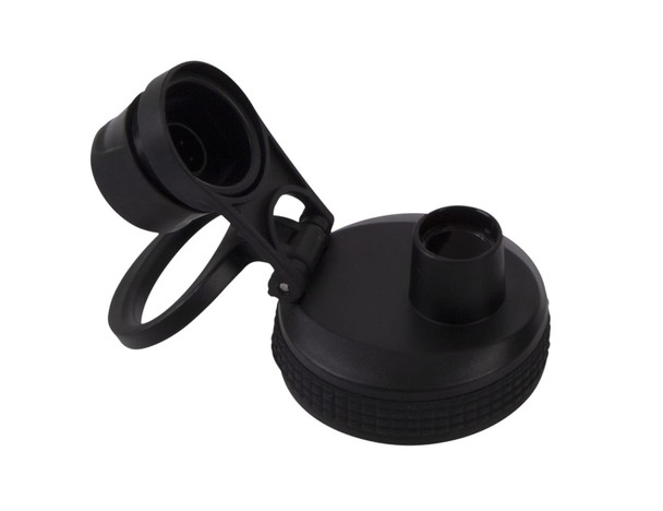 A drink bottle cap and spout in black, featuring a screw cap design and a handle for easy carrying.