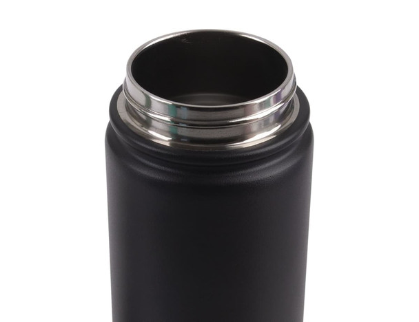 A drink bottle with a sleek black exterior and a stainless steel screw cap, featuring a logo on the side.