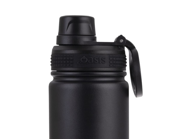 A drink bottle in matte black with a screw cap and a handle, featuring a logo on the side.