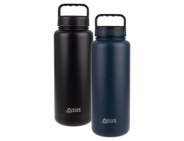 A drink bottle set featuring a black and a navy blue vacuum flask, both with handles and branding.