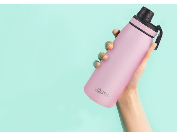 A drink bottle in a sleek pink colour, featuring a screw cap and a brand logo.