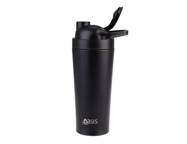 A drink bottle in matte black with a flip-top lid and a branding logo on the front.