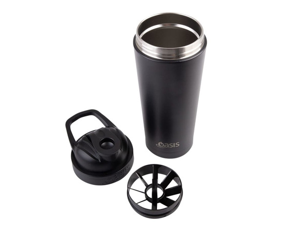 A drink bottle featuring a black exterior, a removable lid, and a blending insert, with a logo displayed.