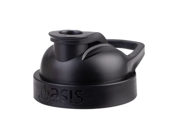 A drink bottle cap in black with a handle and a logo. Designed for a protein shaker.