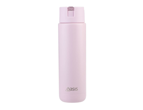 A drink bottle in a soft pink colour with a sleek design and a logo on the front. A drink bottle in a soft pink colour with a sleek design and a logo on the front.