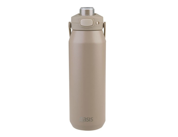A drink bottle in a soft beige hue featuring a vacuum quick release lid and a sturdy carrying handle.
