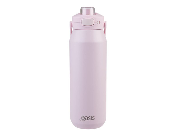 A drink bottle in pastel pink, featuring a quick release lid and a logo on the front.