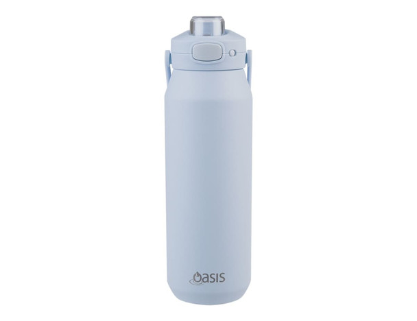 A drink bottle in pale blue with a vacuum quick release lid and a handle. Features an oval logo on the front.