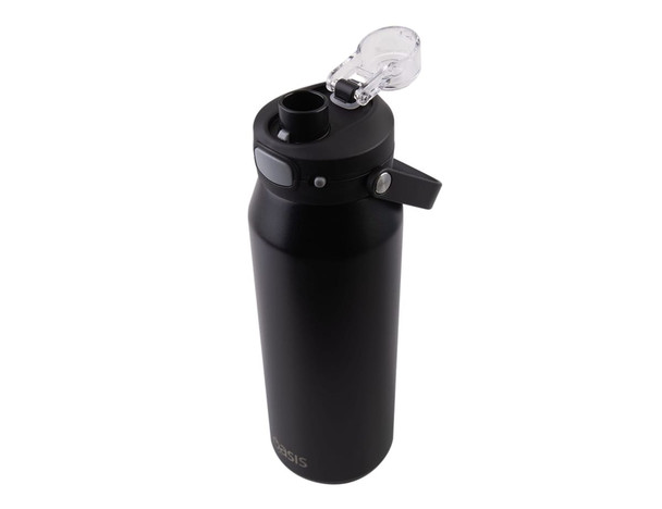 A drink bottle in matte black with a clear quick-release lid and a side handle, featuring a logo. A drink bottle in matte black with a clear quick-release lid and a side handle, featuring a logo.