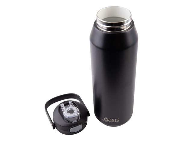 A drink bottle with a sleek black exterior and a quick release lid, featuring a separate lid component.