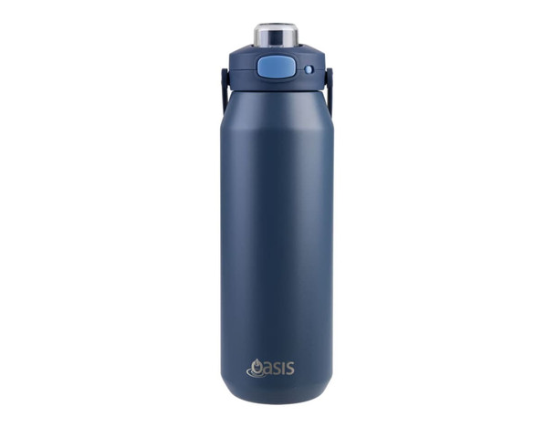 A drink bottle in navy blue featuring a quick release lid and a logo on the front, designed for easy hydration.