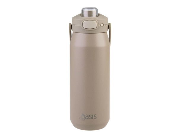 A drink bottle in a light beige colour with a quick release lid and a handle, featuring a logo. A drink bottle in a light beige colour with a quick release lid and a handle, featuring a logo.