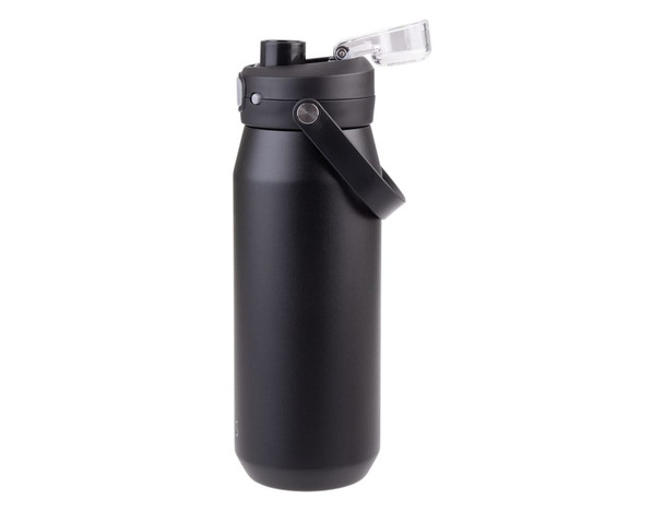 A drink bottle in matte black finish with a vacuum design and a quick release lid. Features a carry handle.