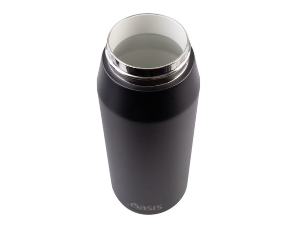 A drink bottle featuring a sleek black design with a stainless steel opening and a silver rim. It has a logo. A drink bottle featuring a sleek black design with a stainless steel opening and a silver rim. It has a logo.