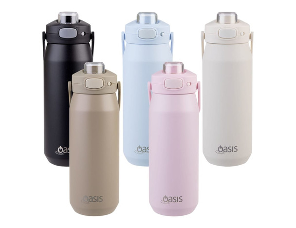 A drink bottle in black, beige, light blue, pink, and white, featuring a vacuum quick release lid and a logo. A drink bottle in black, beige, light blue, pink, and white, featuring a vacuum quick release lid and a logo.