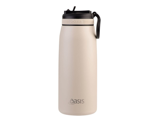 A drink bottle in a light beige colour with a black lid and a handle, featuring a logo. Ideal for hydration on the go.