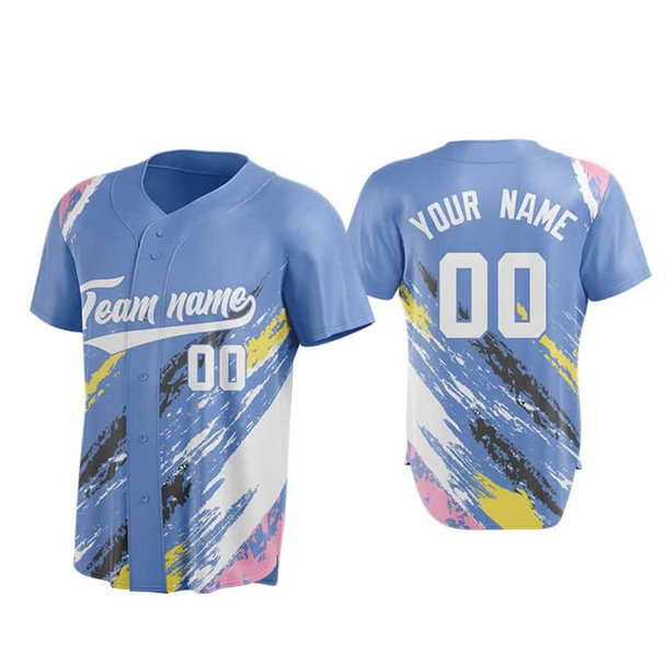 A blue baseball jersey featuring a multicoloured design and a logo, with customisable name and number sections.