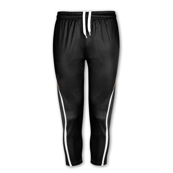 Black women's sports pants with white stripes and an elastic waistband, featuring a logo on the front.