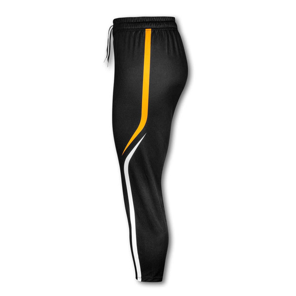 Custom women's sports pants in black with orange and white accents, featuring a logo on the side.