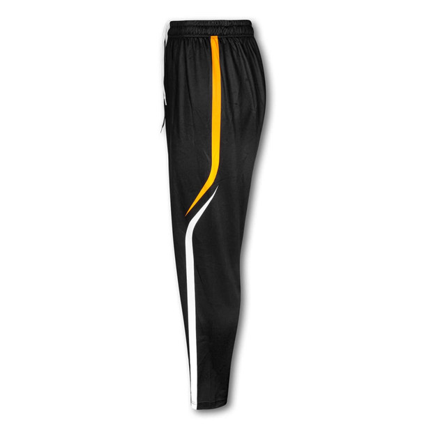 Custom men's track pants in black with white and orange accents. Features an elastic waistband and side pockets.