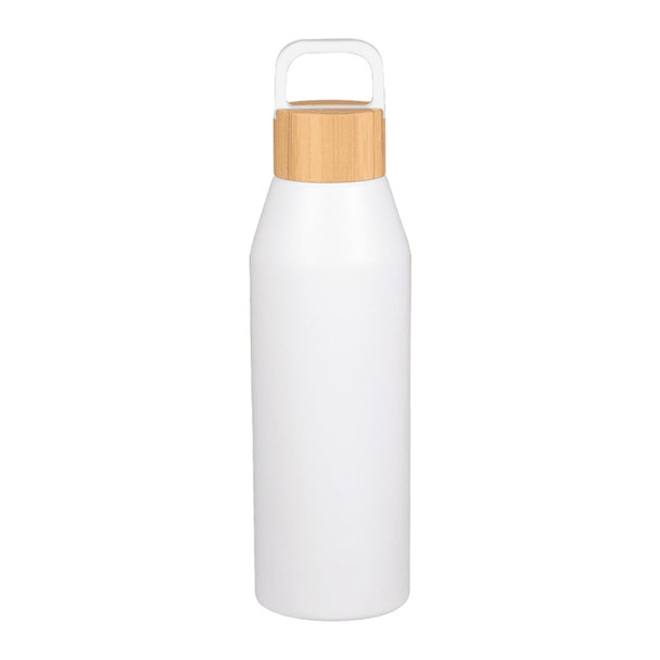 A drink bottle with a white body and a bamboo lid, featuring a handle for easy carrying. It has a logo on the surface.