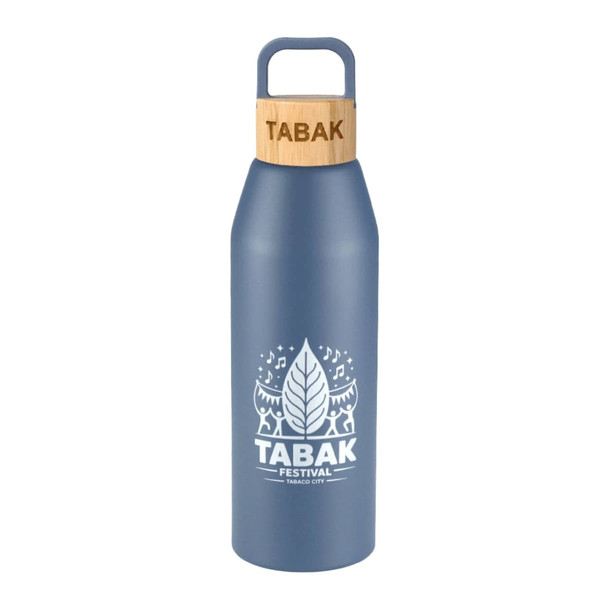 A drink bottle in blue with a bamboo lid and a logo, designed for reusable use.